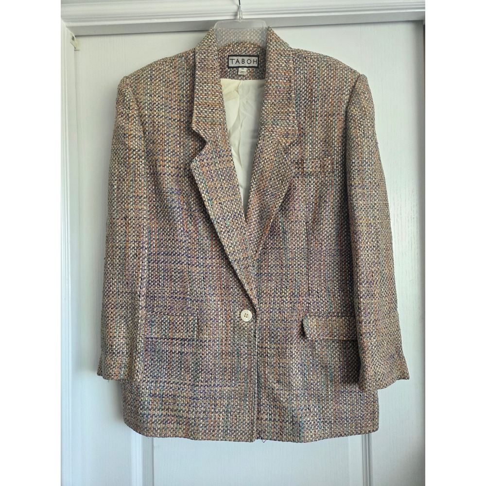 VTG Taboh Silk Tweed One‎ Button Blazer Jacket Sz M Multi Color Professional